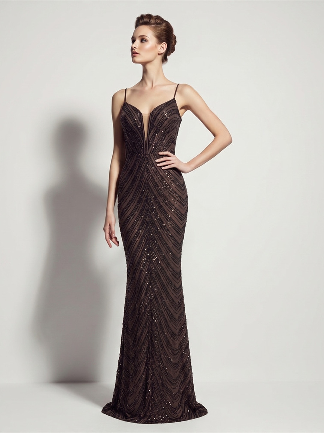 Dark Brown Sequined Mermaid Evening Gown with Spaghetti Straps