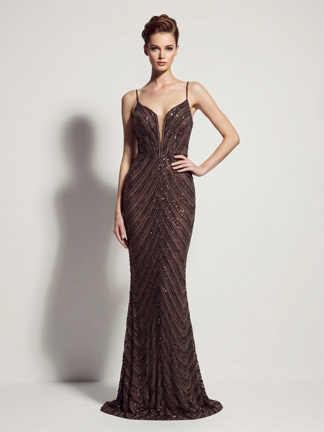 Dark Brown Sequined Mermaid Evening Gown with Spaghetti Straps