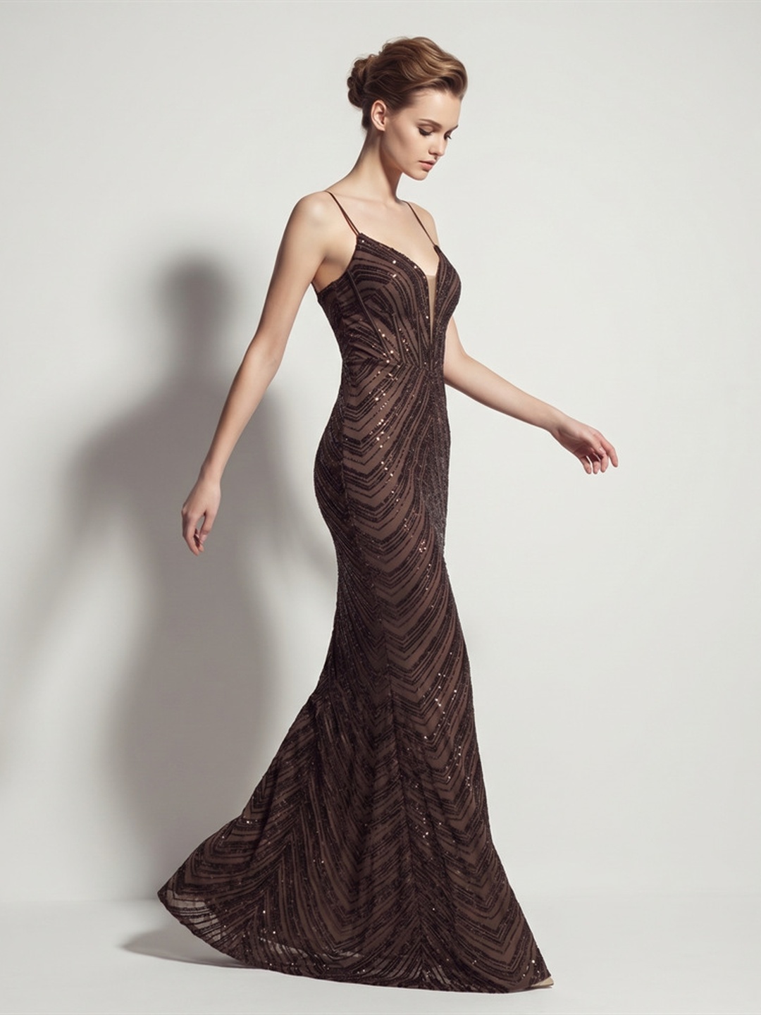 Dark Brown Sequined Mermaid Evening Gown with Spaghetti Straps