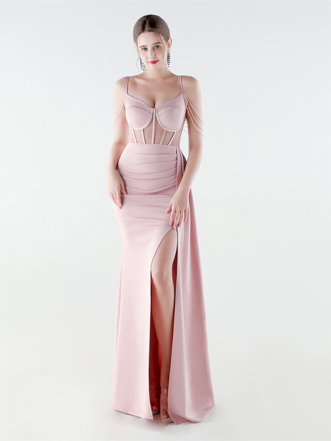 Pink Satin Mesh Corset Evening Gown with Beaded Straps and Slit