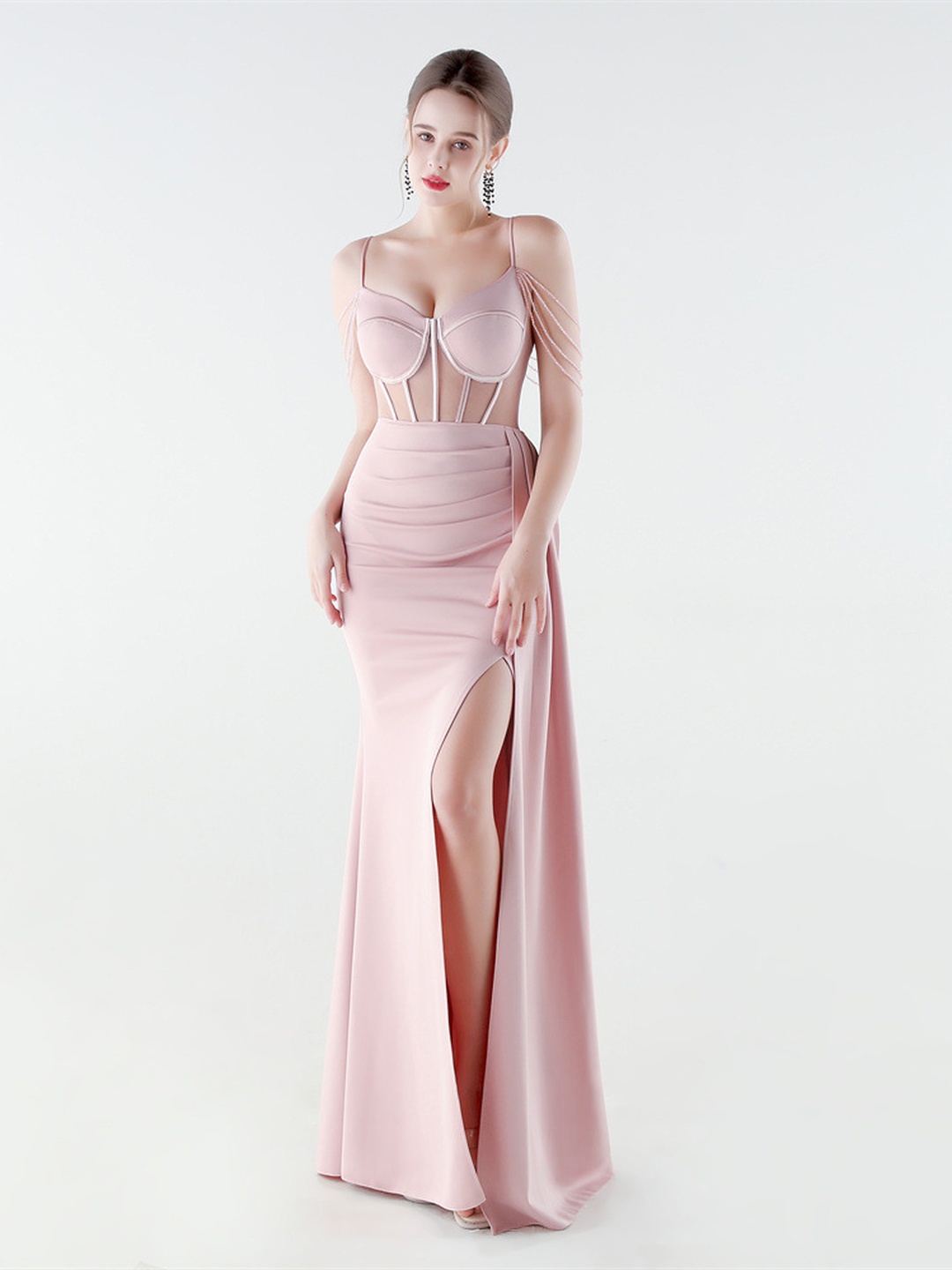 Pink Satin Mesh Corset Evening Gown with Beaded Straps and Slit