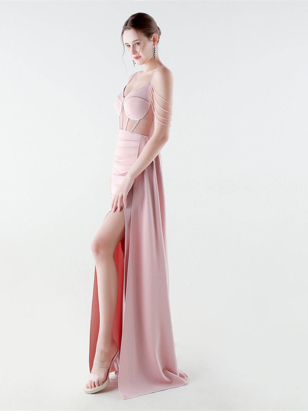 Pink Satin Mesh Corset Evening Gown with Beaded Straps and Slit