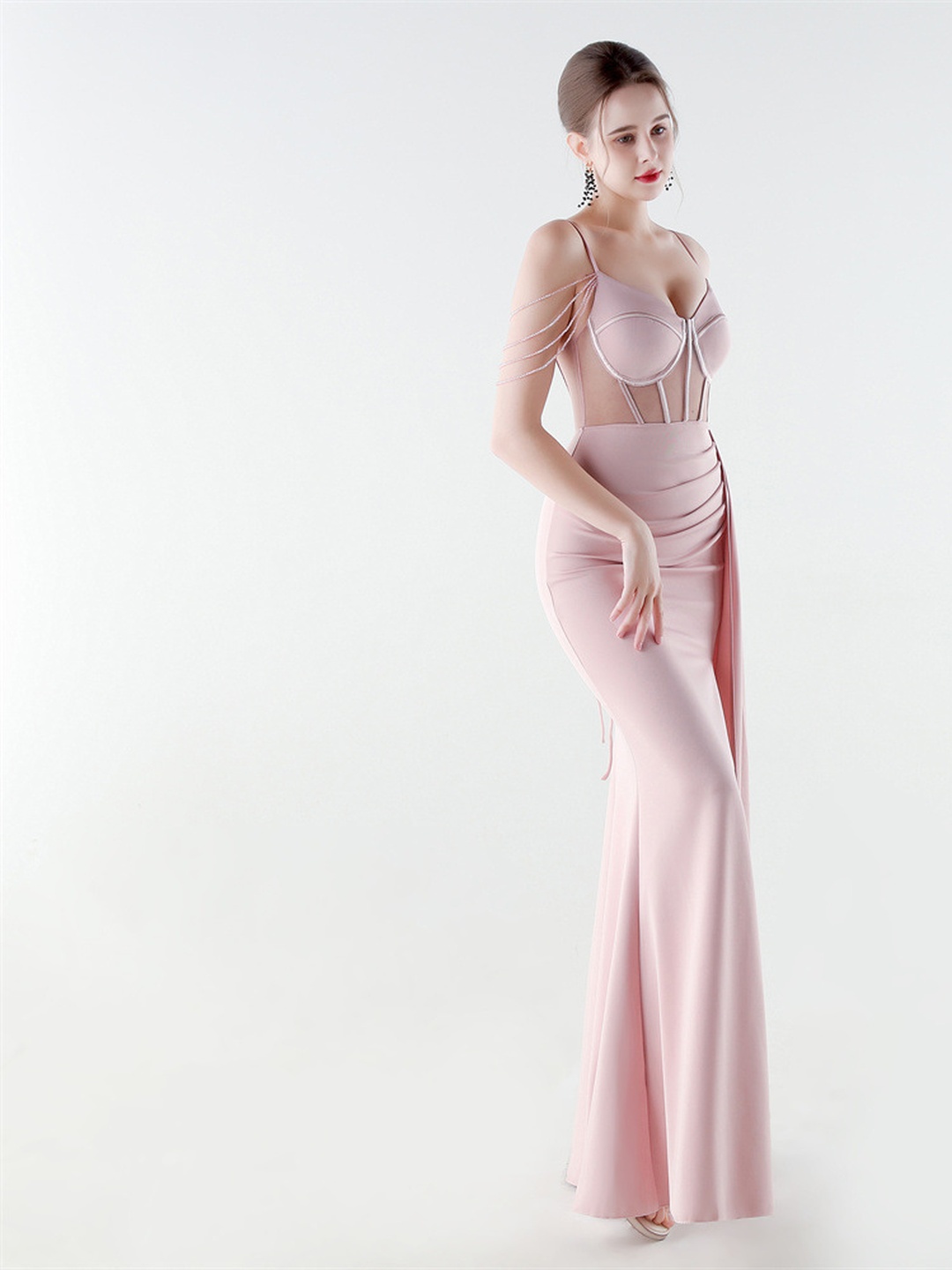 Pink Satin Mesh Corset Evening Gown with Beaded Straps and Slit