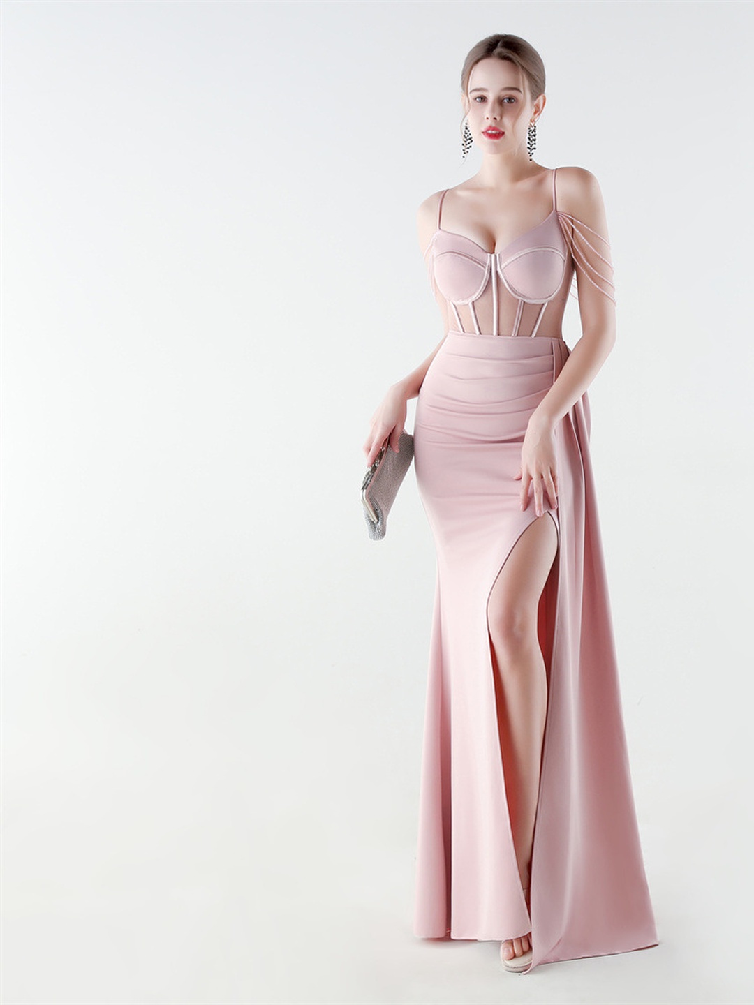 Pink Satin Mesh Corset Evening Gown with Beaded Straps and Slit
