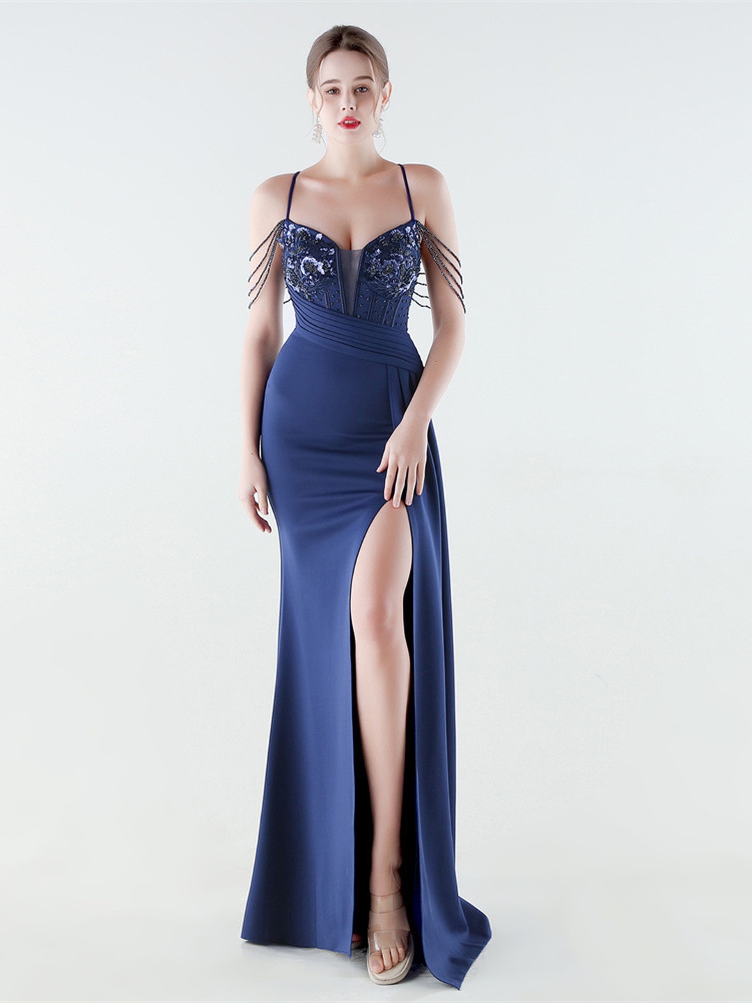 Navy Beaded Spaghetti Strap Mermaid Gown with High Slit