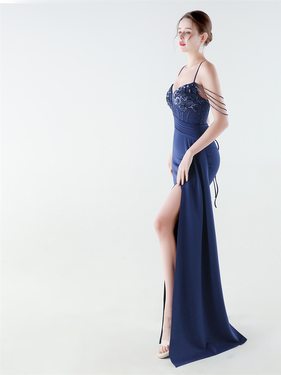 Navy Beaded Spaghetti Strap Mermaid Gown with High Slit