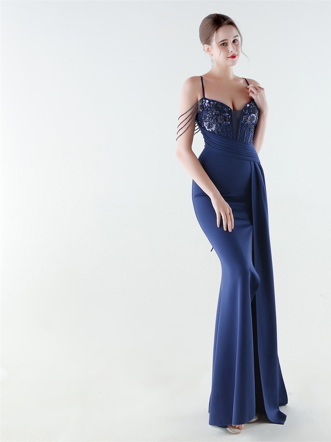 Navy Beaded Spaghetti Strap Mermaid Gown with High Slit