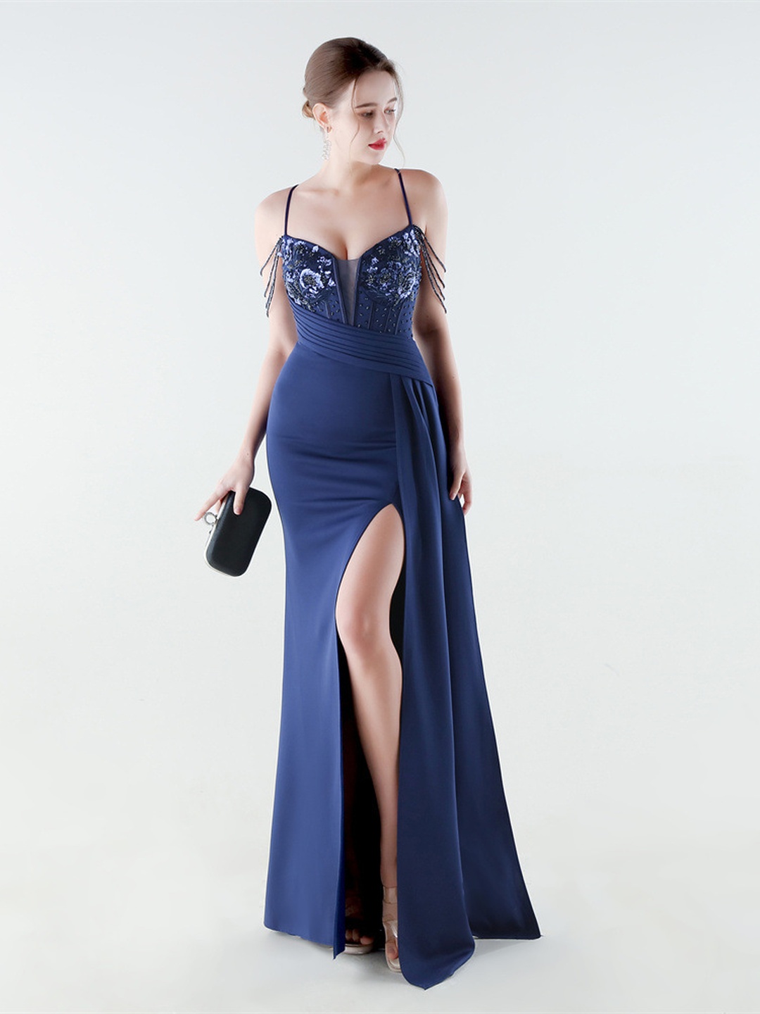 Navy Beaded Spaghetti Strap Mermaid Gown with High Slit