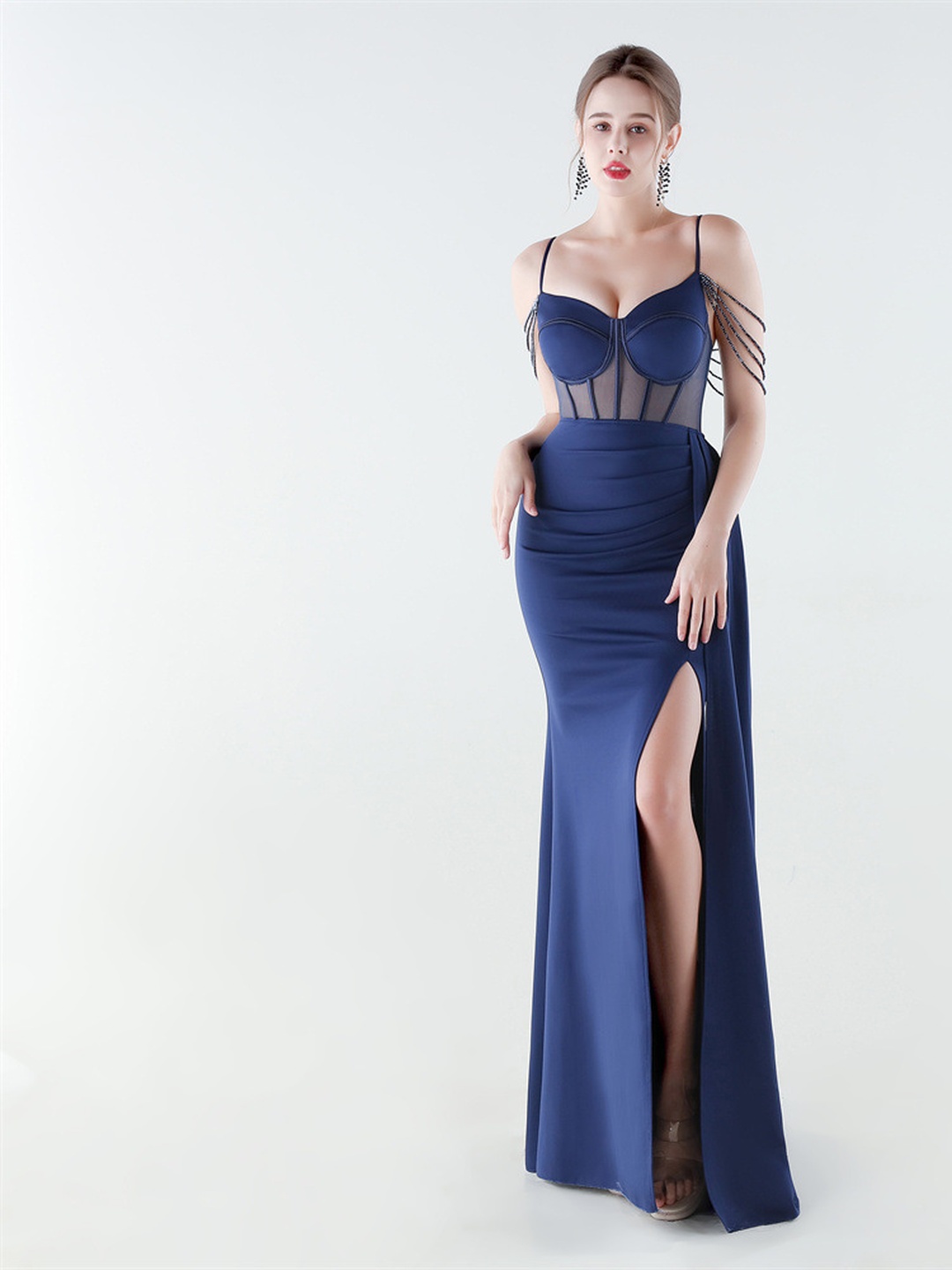Navy Satin Mesh Corset Evening Gown with Side Slit and Drape