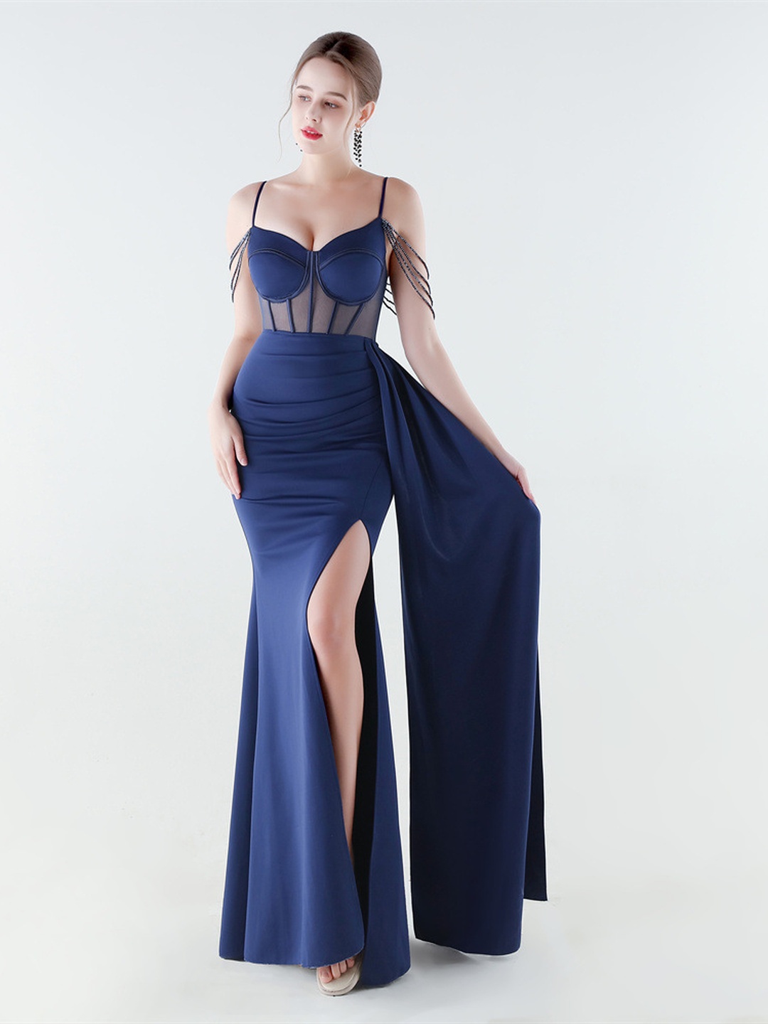 Navy Satin Mesh Corset Evening Gown with Side Slit and Drape