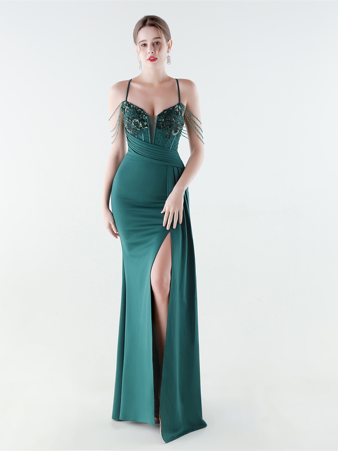 Emerald Green Beaded Spaghetti Strap Mermaid Gown with Slit