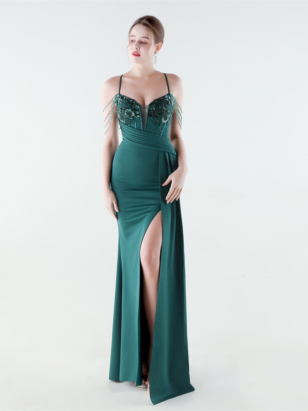 Emerald Green Beaded Spaghetti Strap Mermaid Gown with Slit