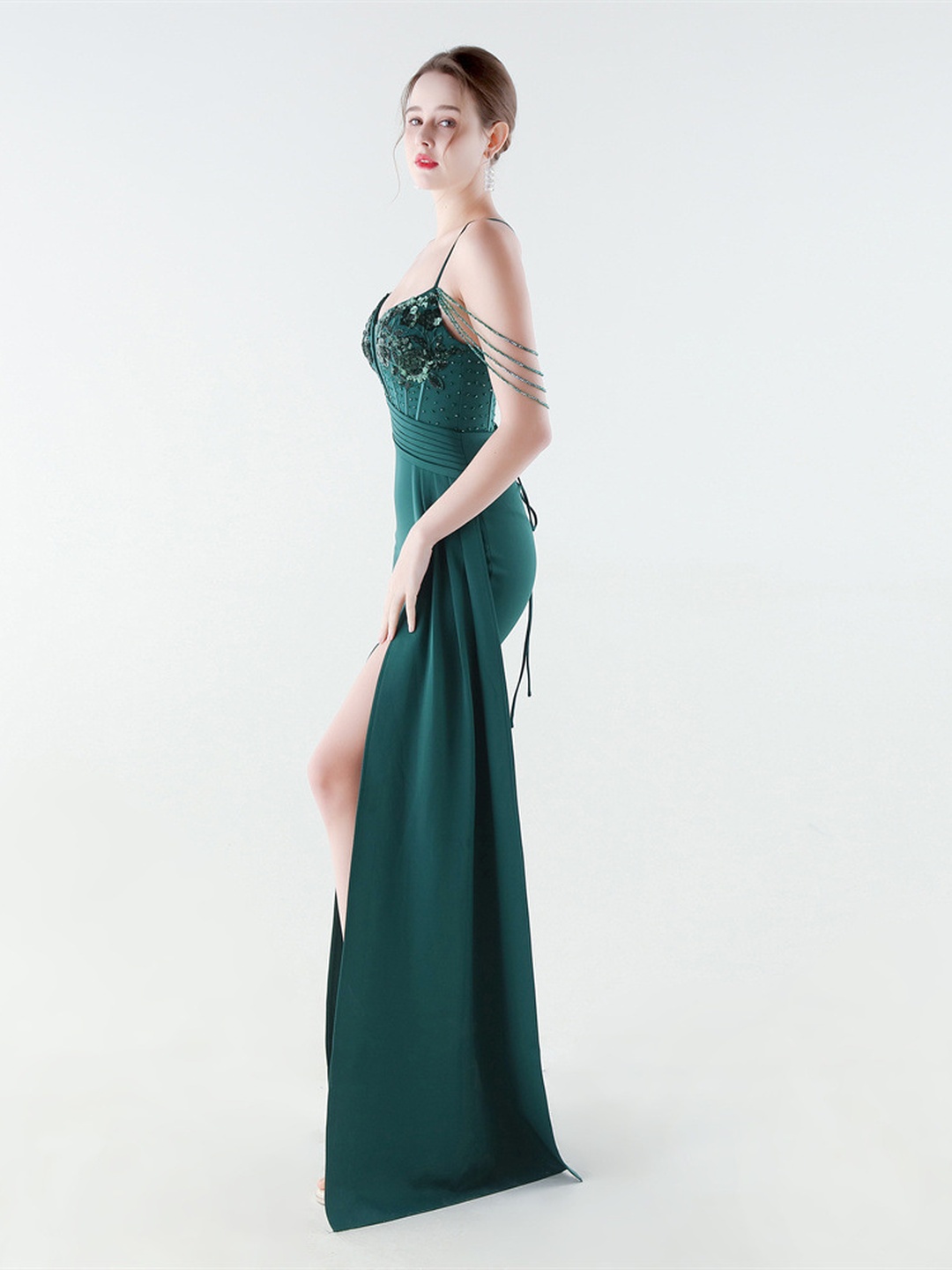 Emerald Green Beaded Spaghetti Strap Mermaid Gown with Slit