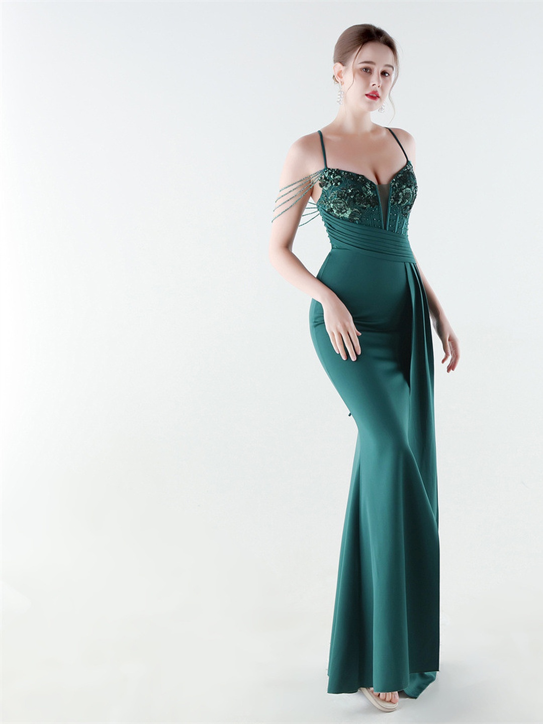 Emerald Green Beaded Spaghetti Strap Mermaid Gown with Slit