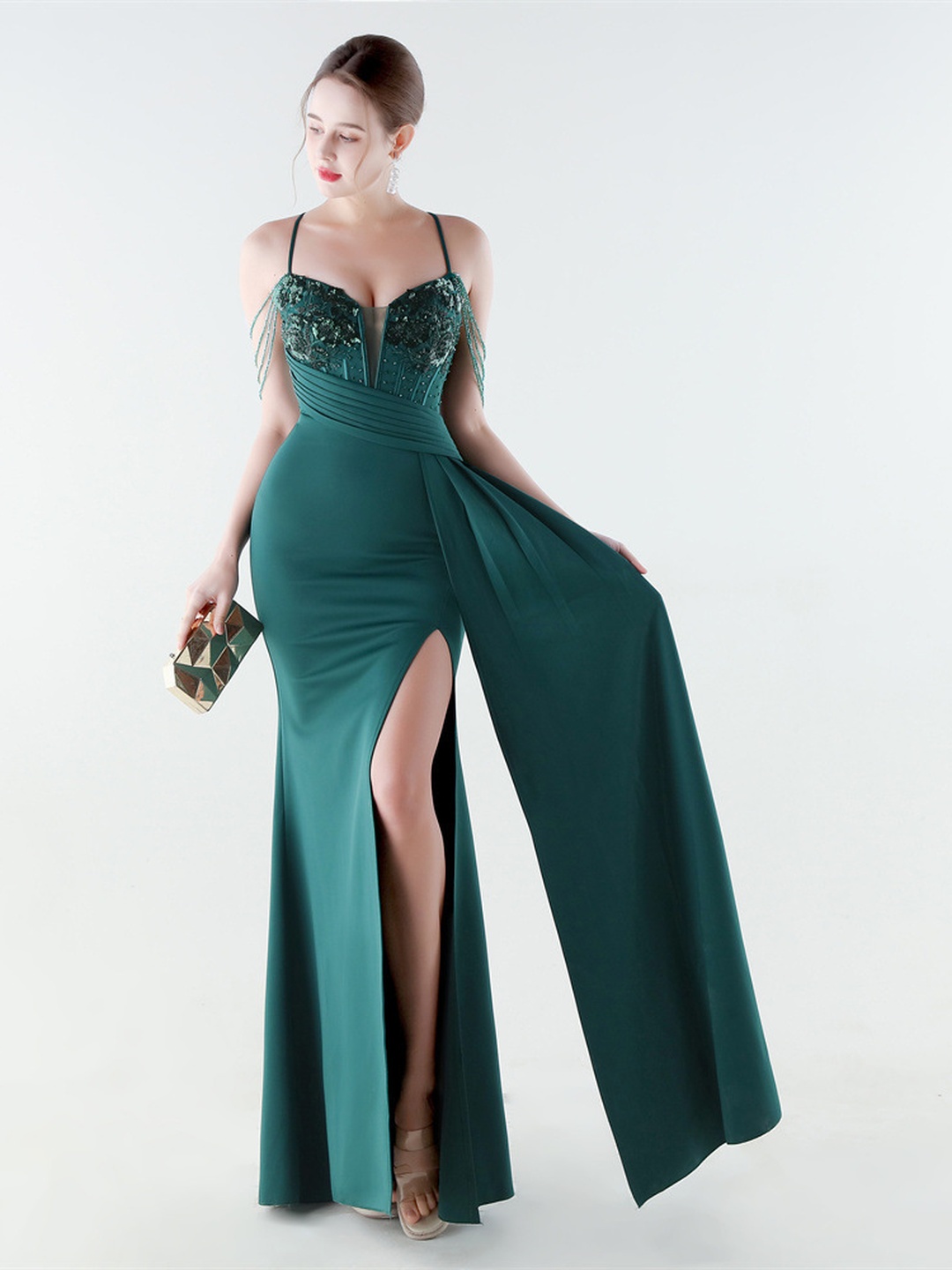 Emerald Green Beaded Spaghetti Strap Mermaid Gown with Slit