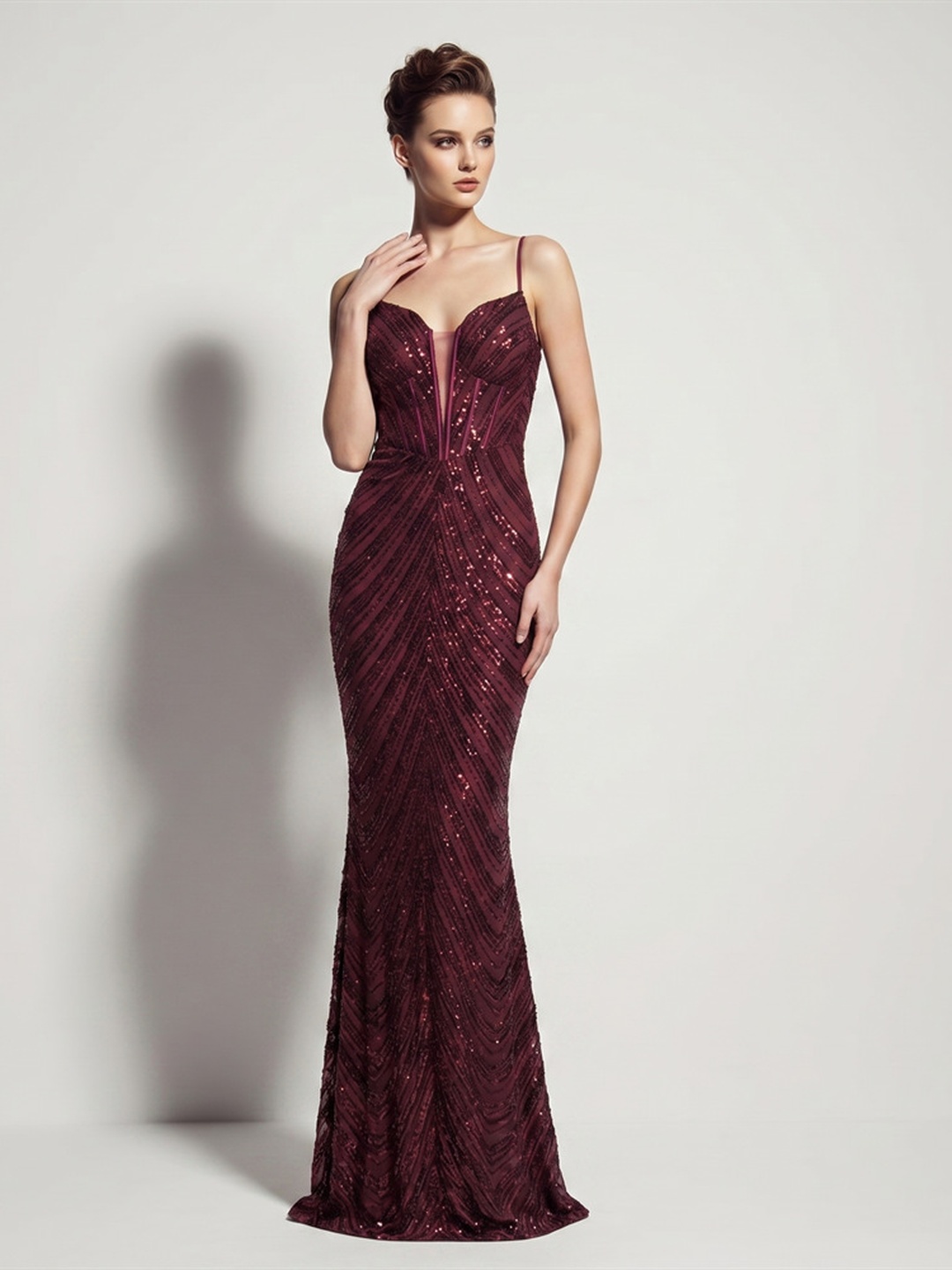 Burgundy Sequined Spaghetti Strap Fishtail Evening Gown
