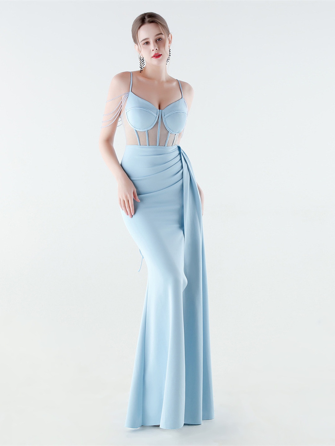 Light Blue Satin Corset Evening Gown with Draped Slit Skirt