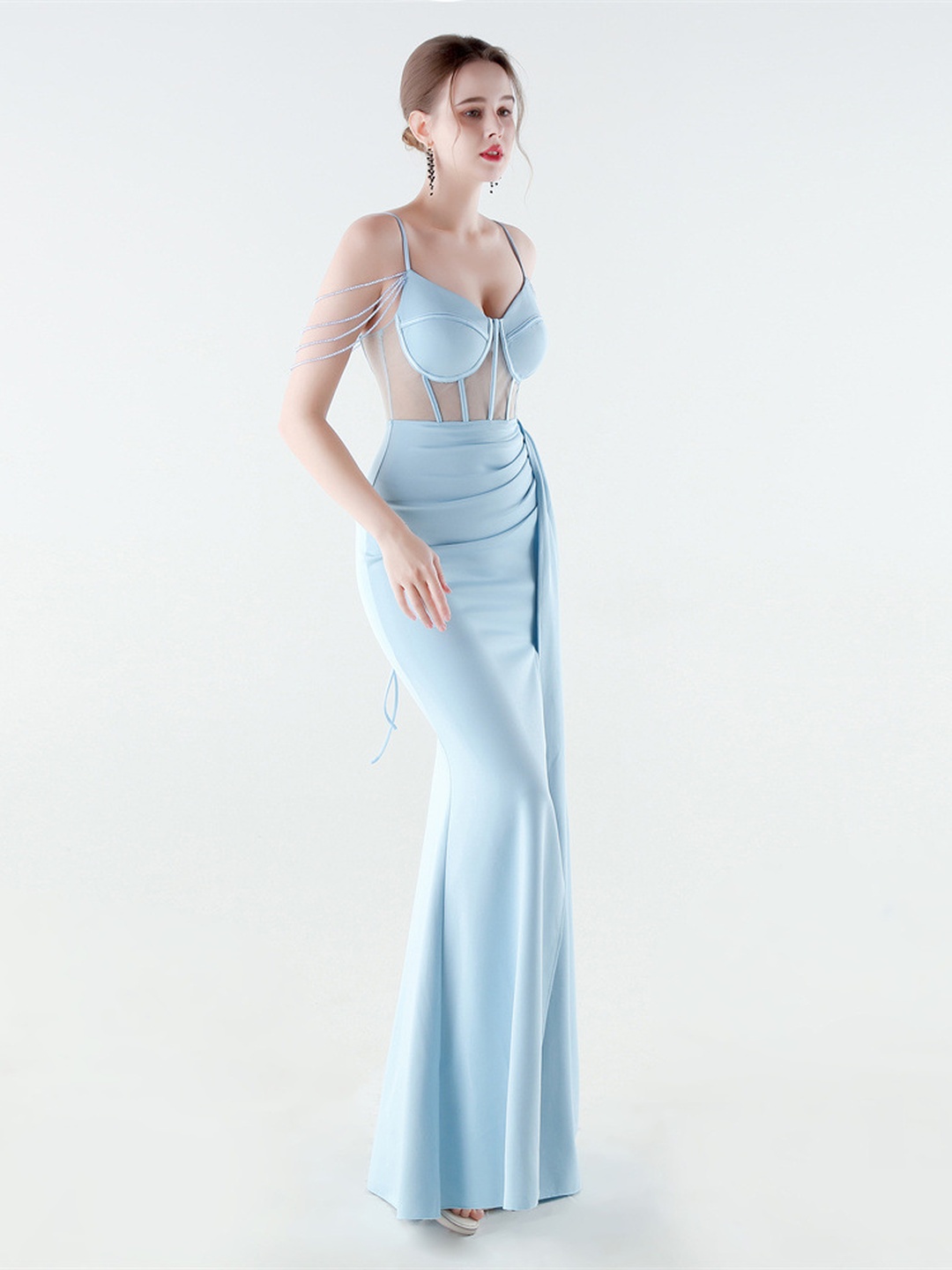 Light Blue Satin Corset Evening Gown with Draped Slit Skirt