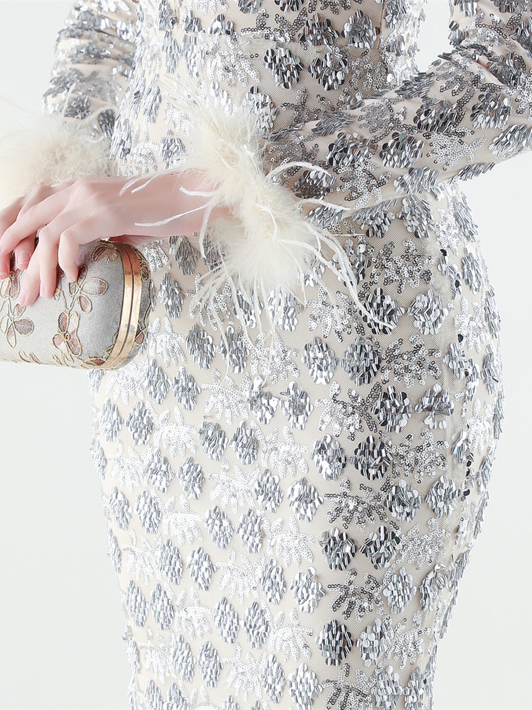 Silver Beaded Feather Cuff Long Sleeve V-Neck Evening Gown