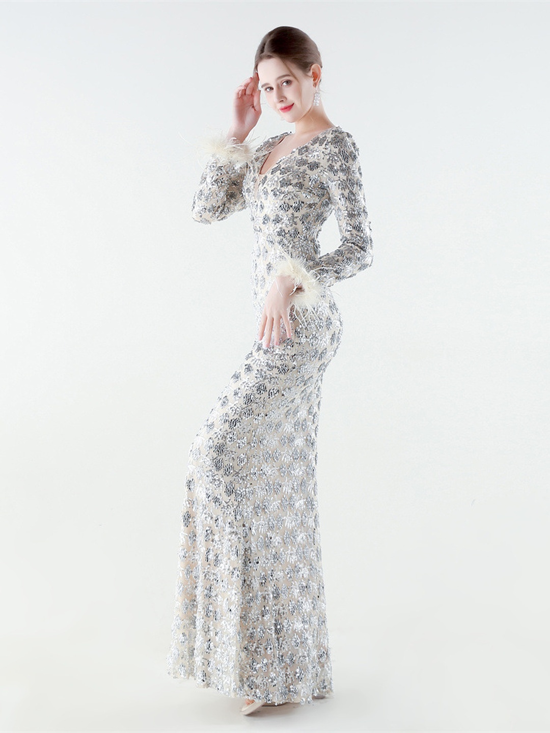 Silver Beaded Feather Cuff Long Sleeve V-Neck Evening Gown