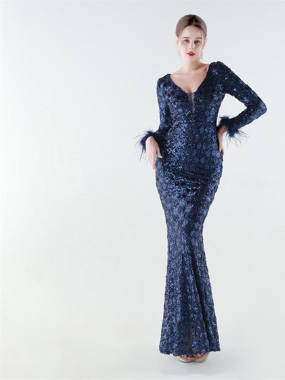 Navy Blue Sequin Mermaid Evening Gown with Feather Cuffs