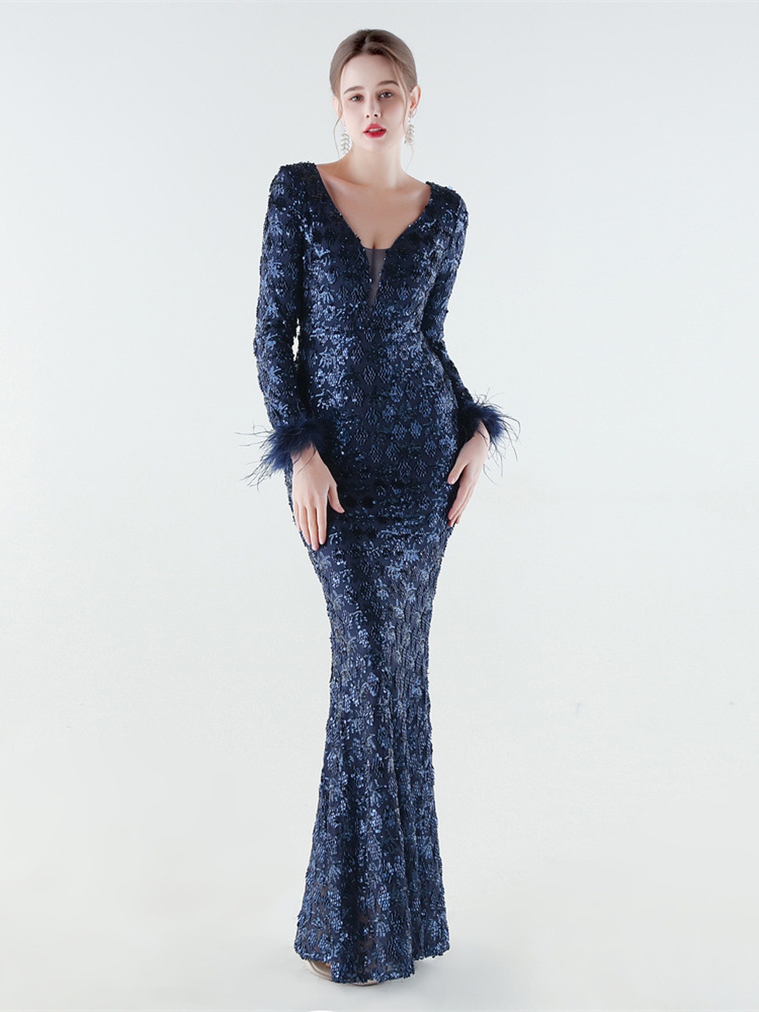 Navy Blue Sequin Mermaid Evening Gown with Feather Cuffs