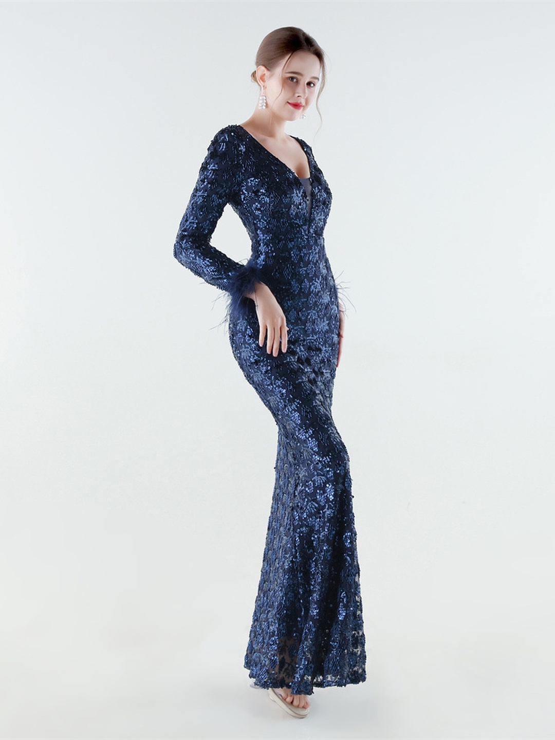 Navy Blue Sequin Mermaid Evening Gown with Feather Cuffs
