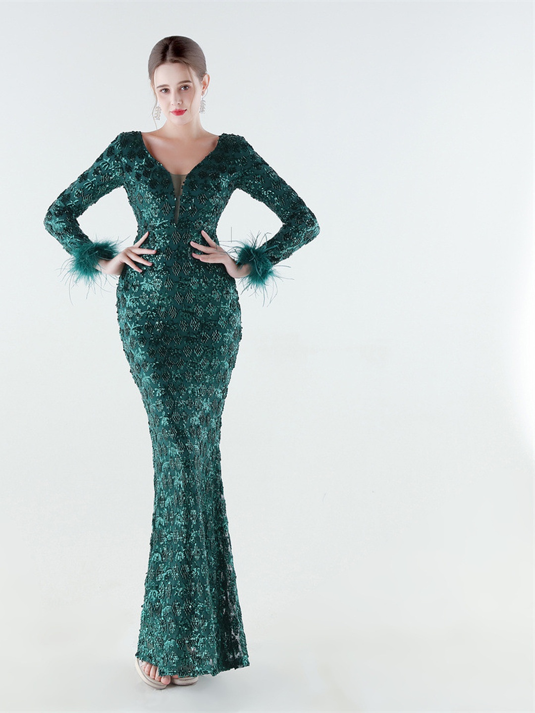 Green Beaded Lace Mermaid Evening Gown with Feather Cuffs