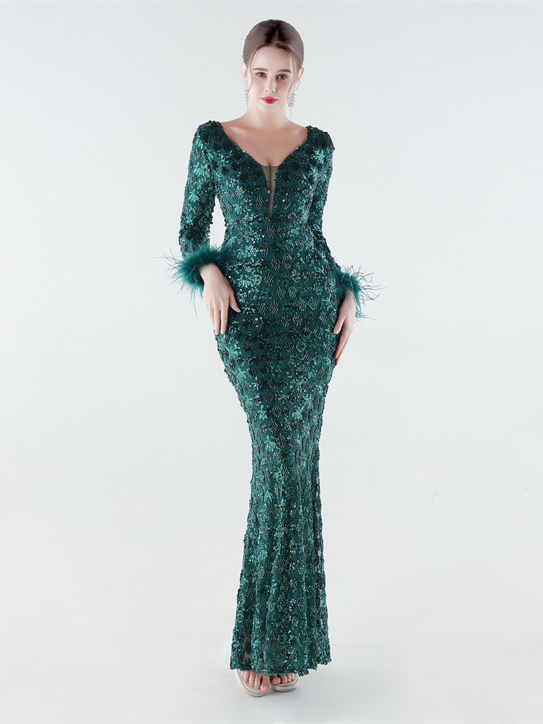 Green Beaded Lace Mermaid Evening Gown with Feather Cuffs