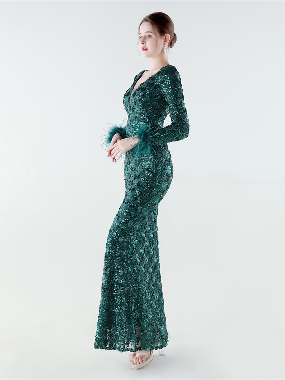 Green Beaded Lace Mermaid Evening Gown with Feather Cuffs
