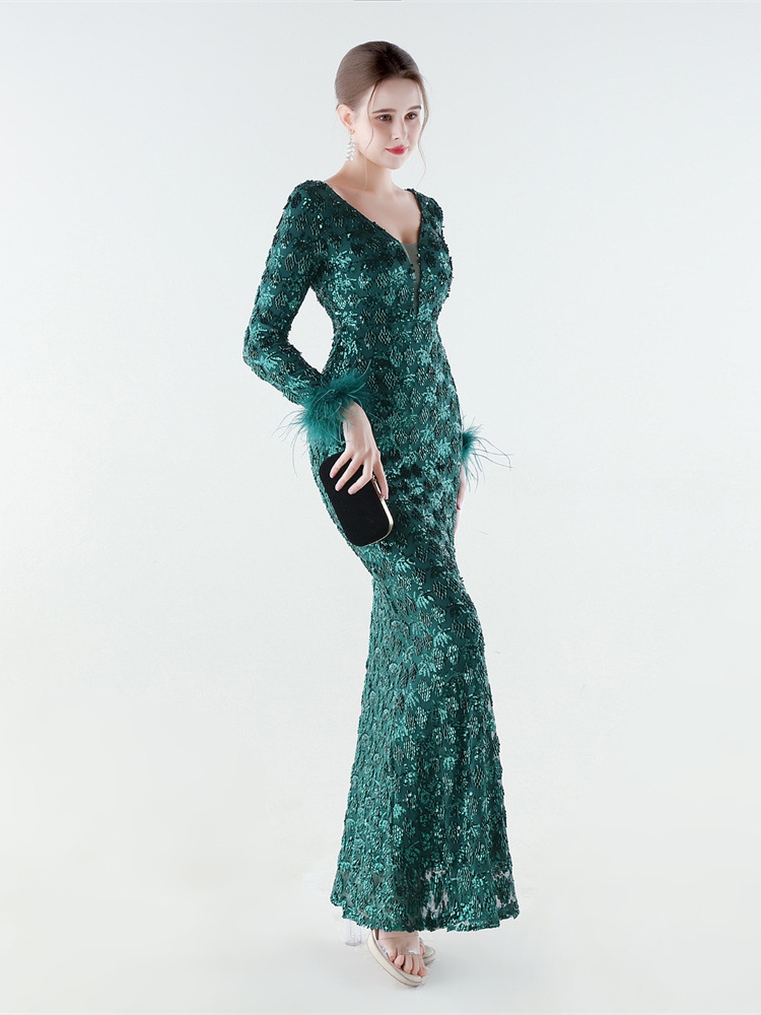 Green Beaded Lace Mermaid Evening Gown with Feather Cuffs