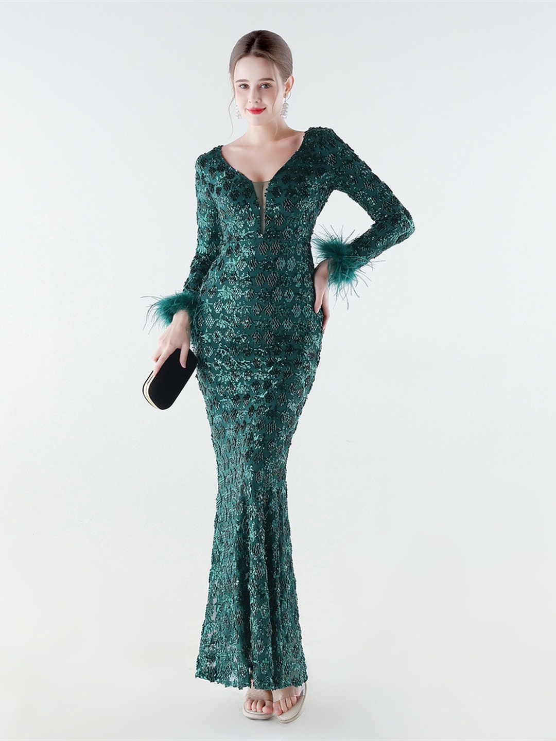 Green Beaded Lace Mermaid Evening Gown with Feather Cuffs