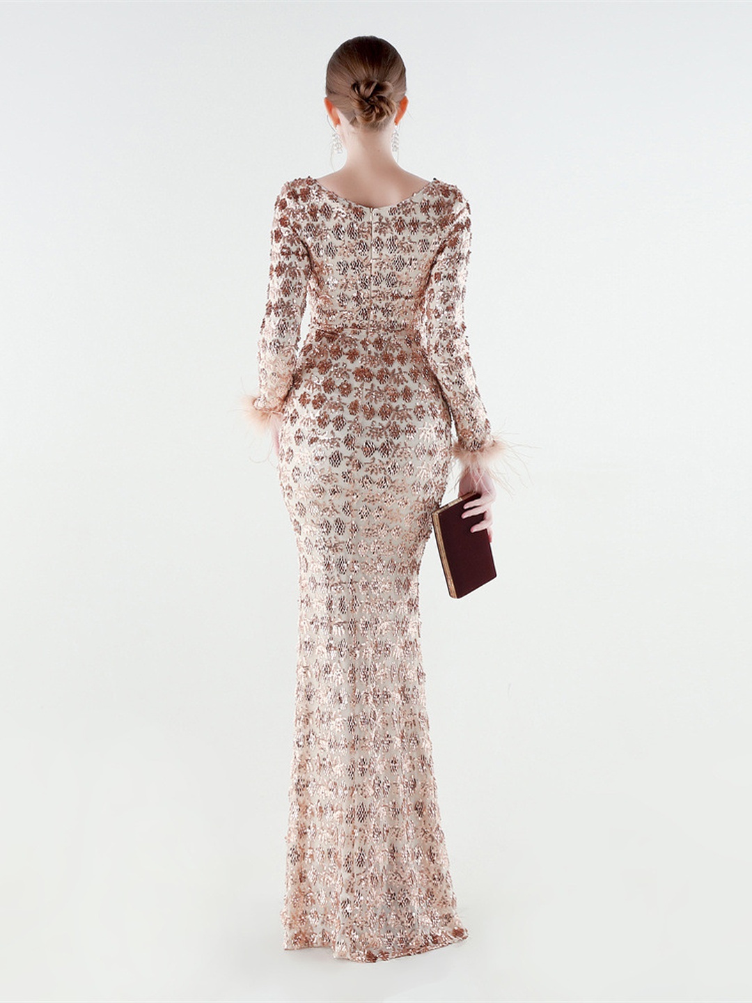 Rose Gold Beaded Feather Cuff Long Sleeve Mermaid Evening Gown
