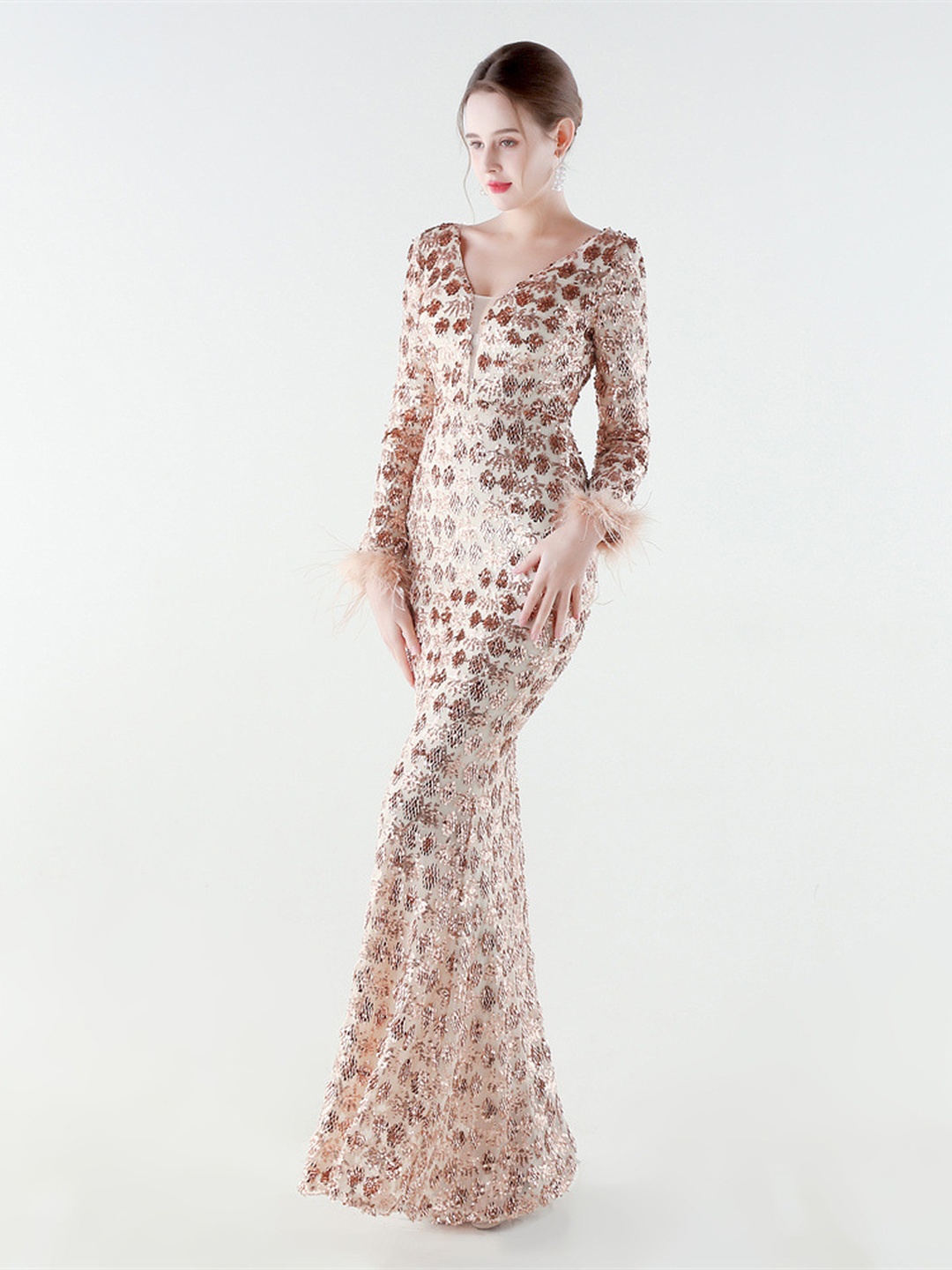 Rose Gold Beaded Feather Cuff Long Sleeve Mermaid Evening Gown
