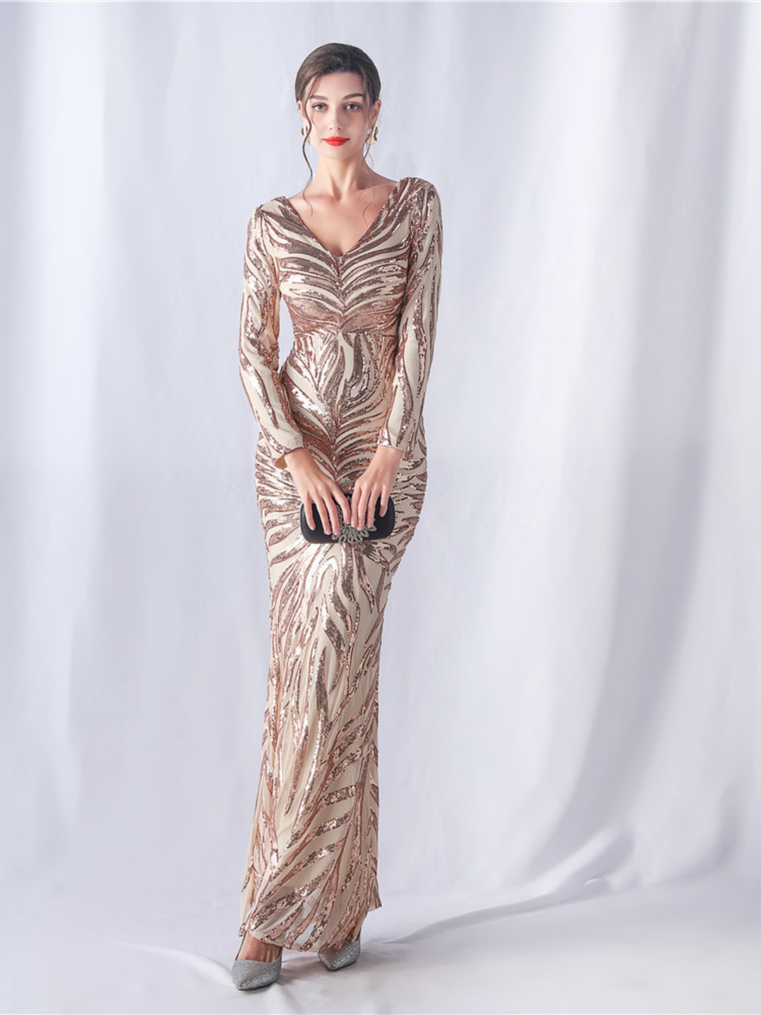 Rose Gold Sequin V-Neck Long Sleeve Mermaid Evening Gown