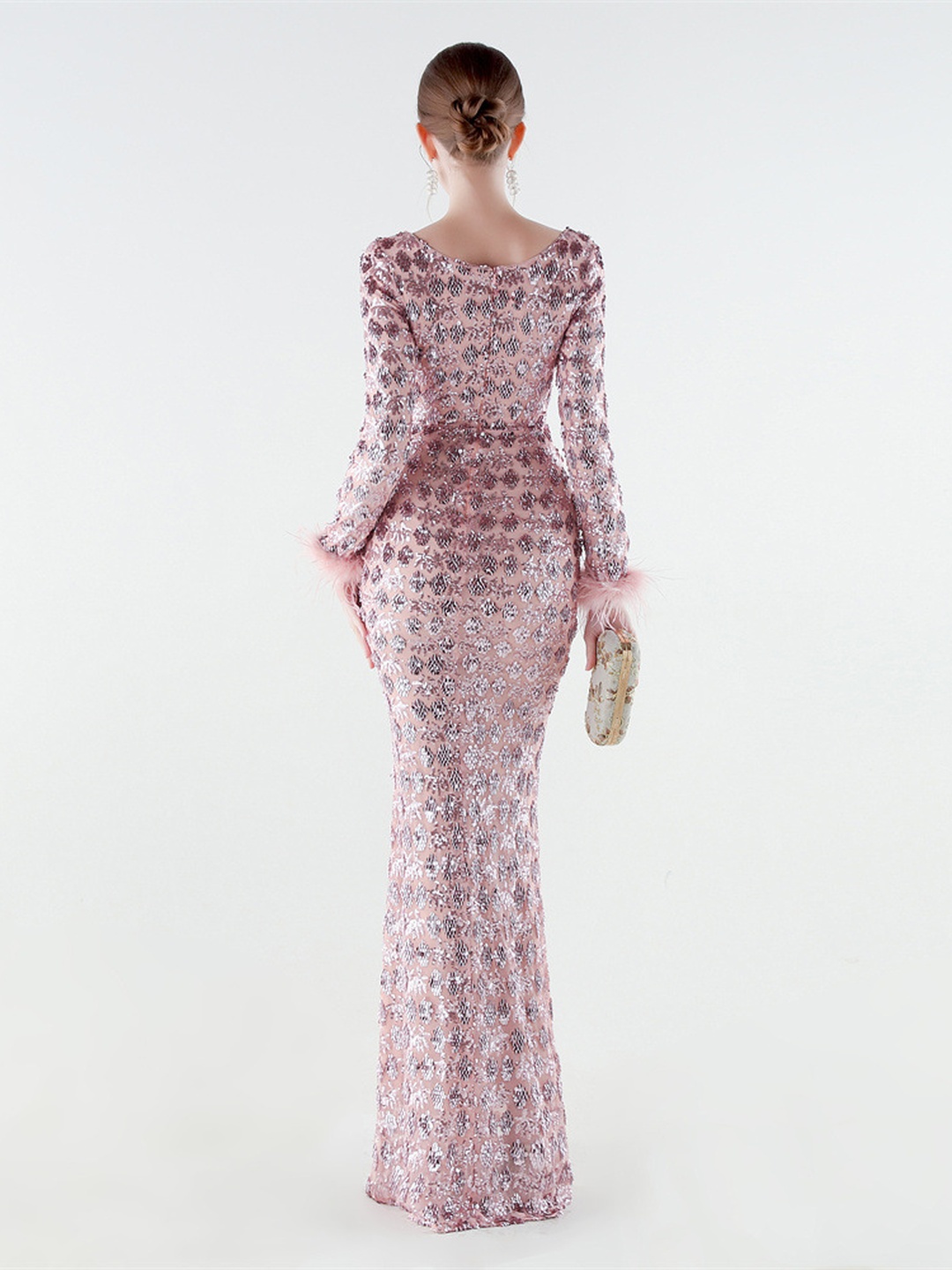 Pink Beaded Feather Cuff V-Neck Long Sleeve Evening Gown