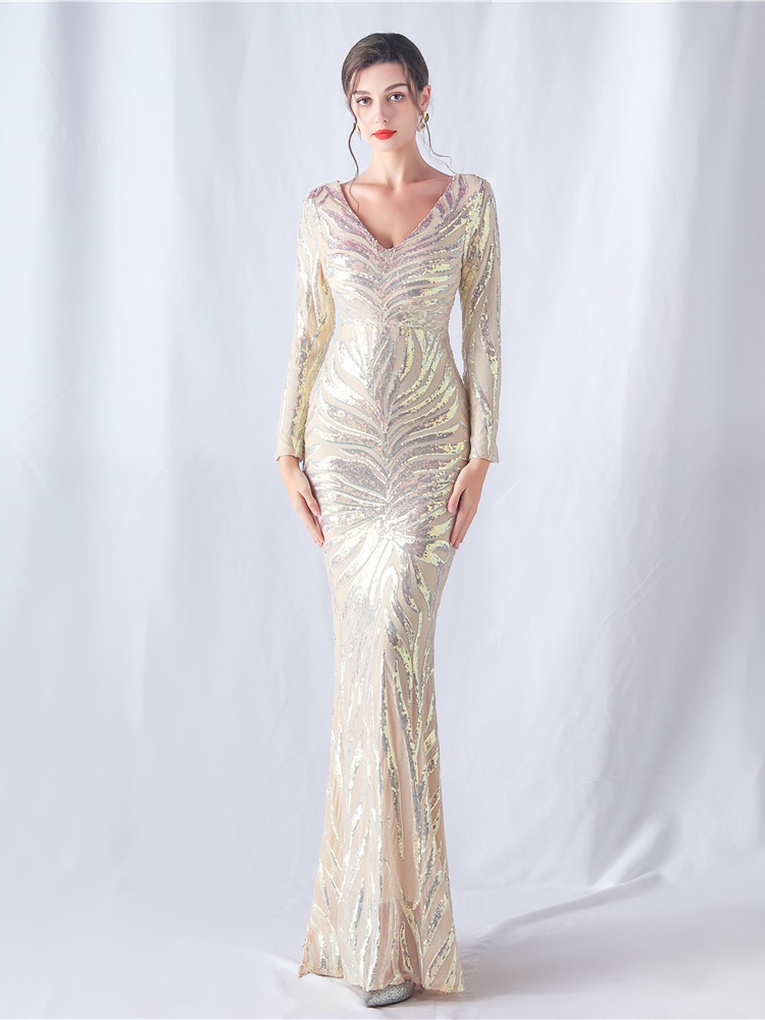 Champagne Sequin V-Neck Long Sleeve Mermaid Evening Gown