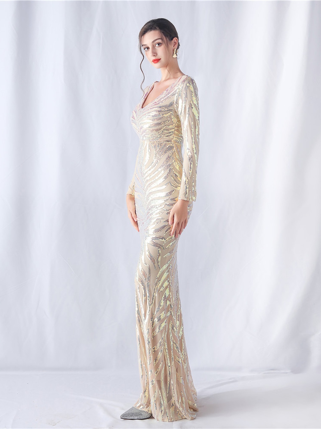 Champagne Sequin V-Neck Long Sleeve Mermaid Evening Gown