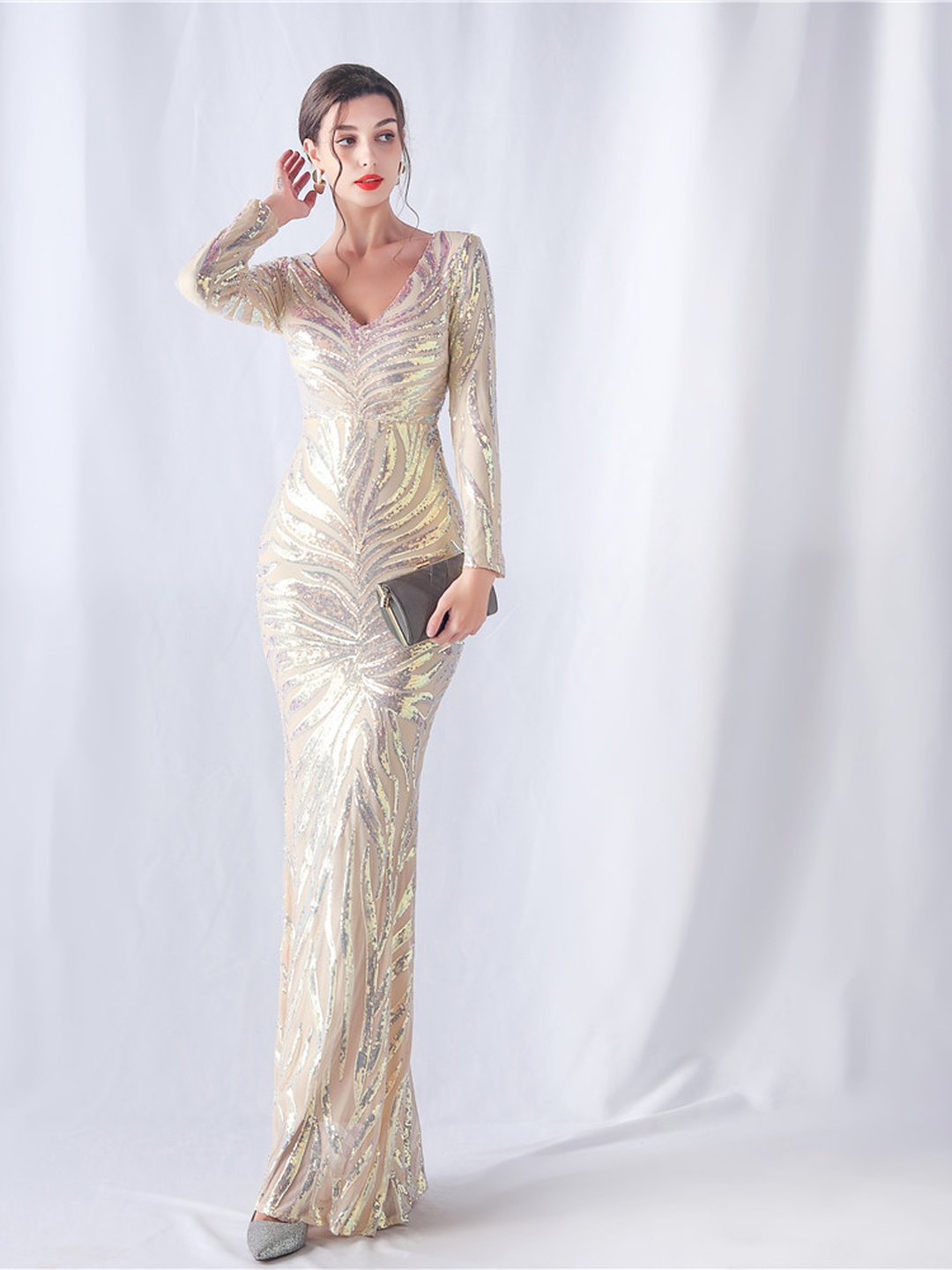 Champagne Sequin V-Neck Long Sleeve Mermaid Evening Gown