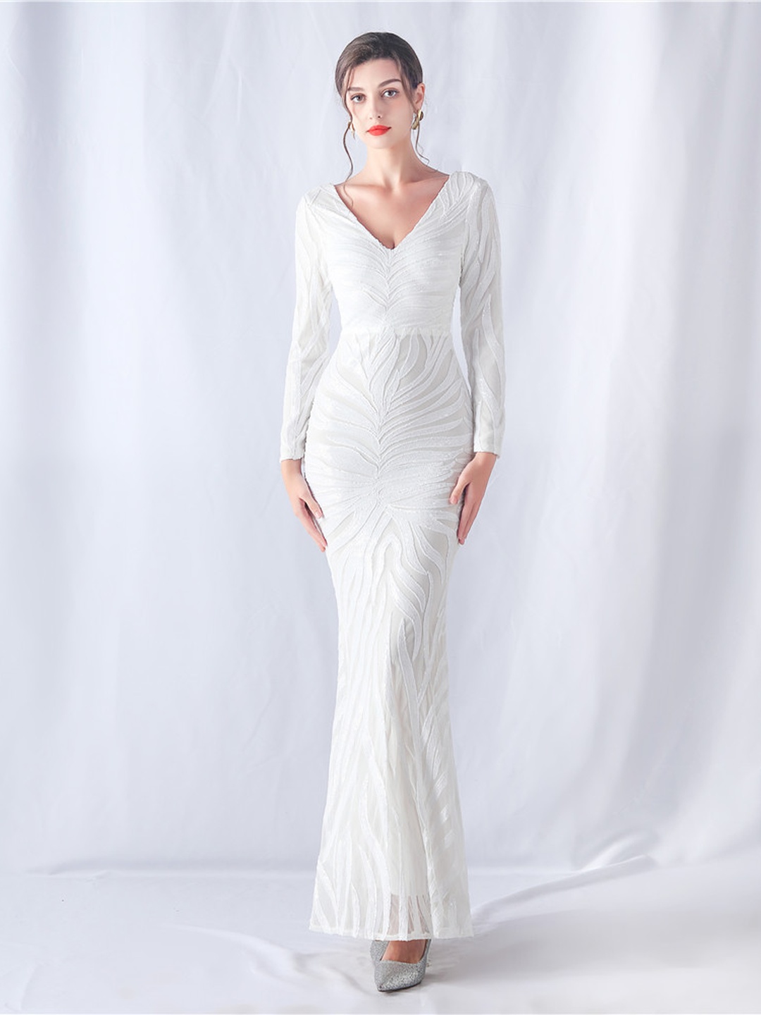 White Long Sleeve V-Neck Sequined Mermaid Evening Gown