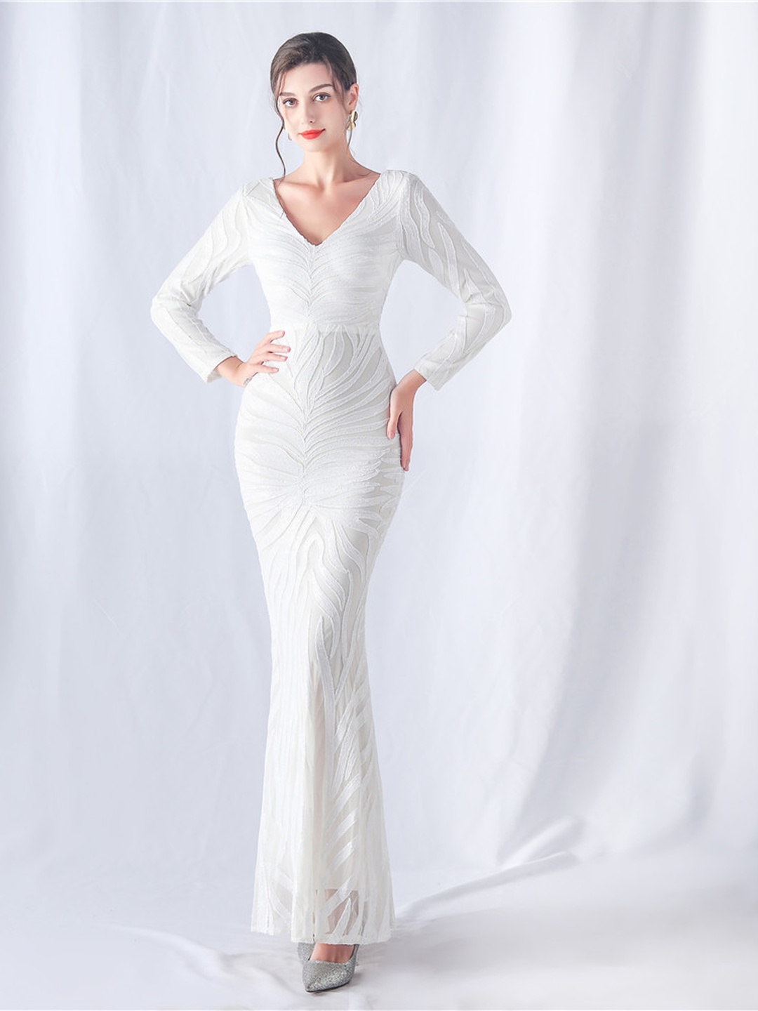 White Long Sleeve V-Neck Sequined Mermaid Evening Gown
