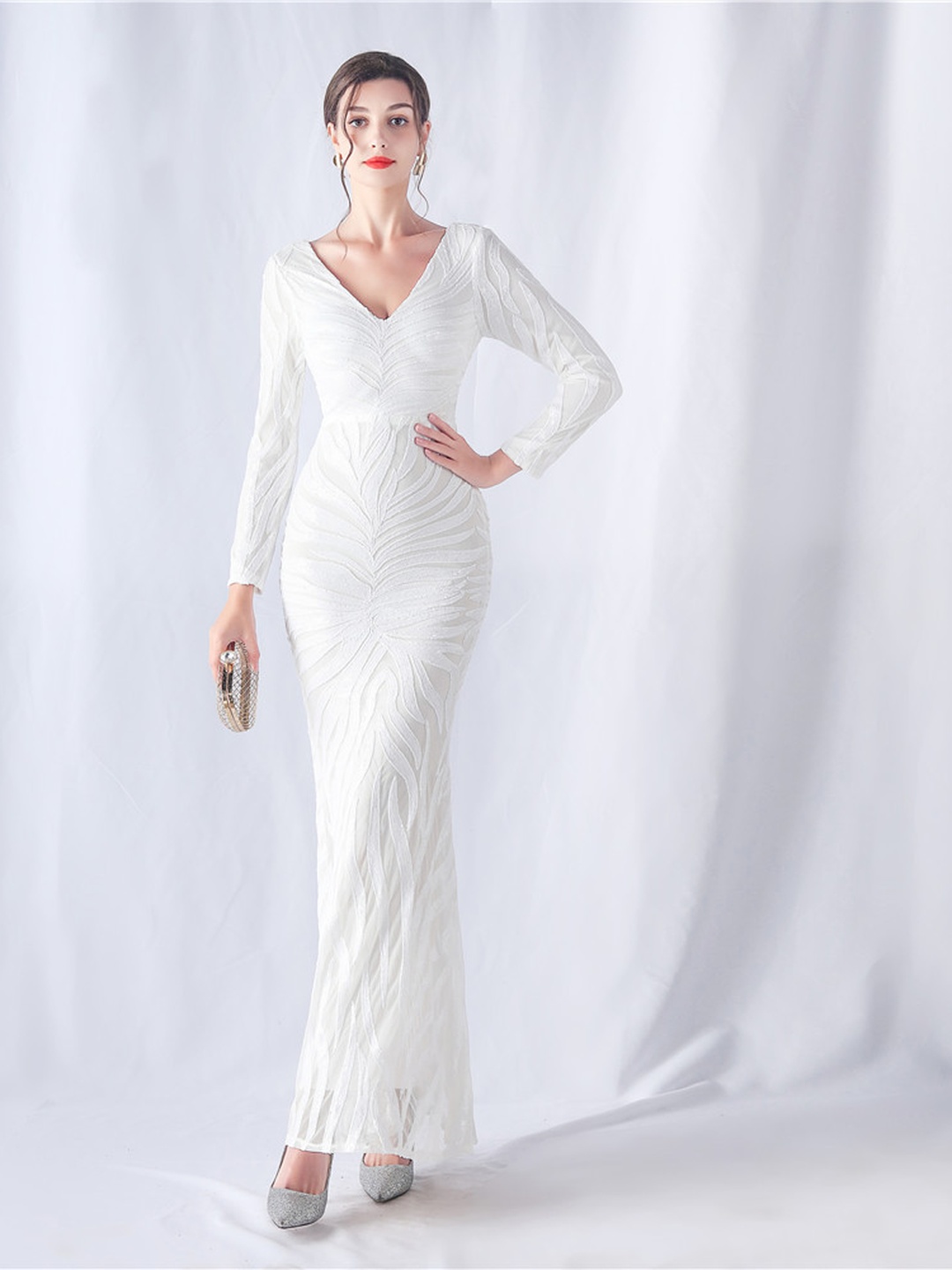 White Long Sleeve V-Neck Sequined Mermaid Evening Gown