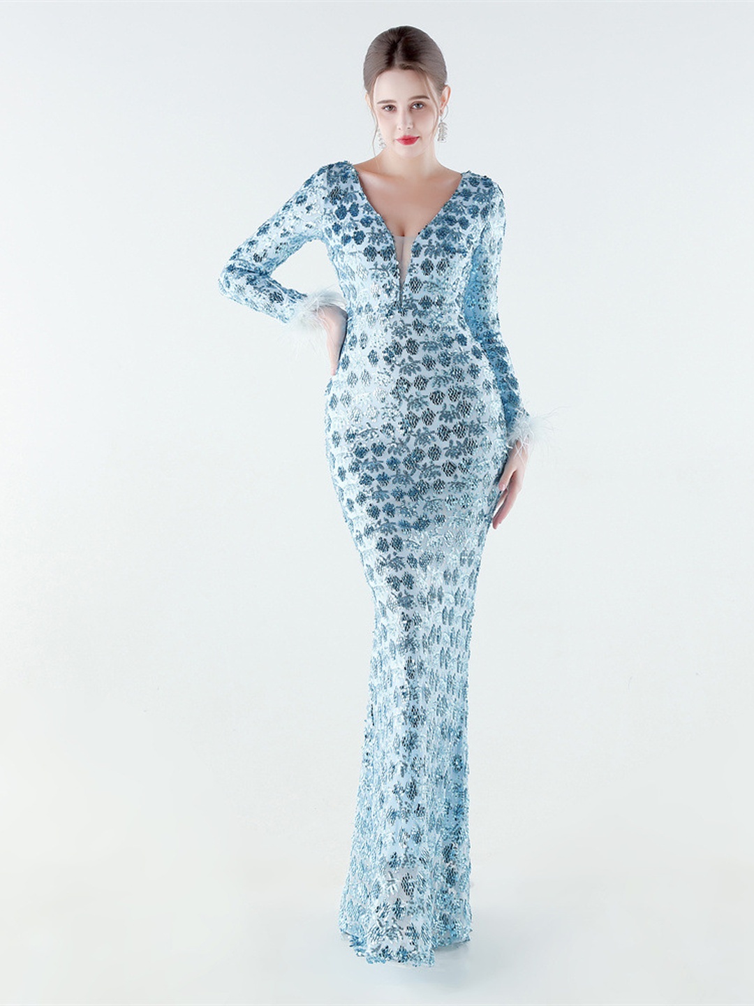 Blue Sequin Feather-Cuff Long Sleeve V-Neck Mermaid Evening Gown