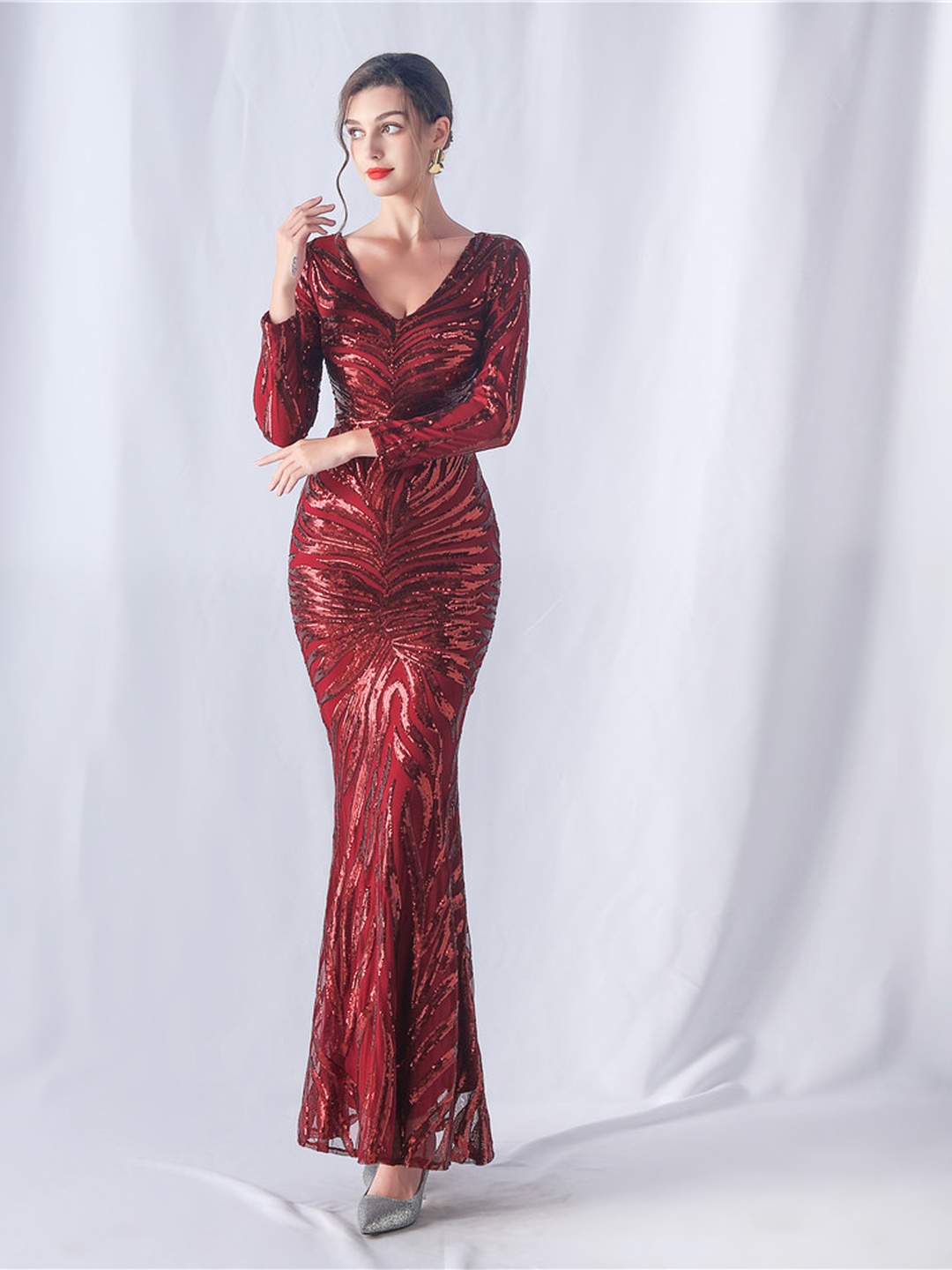 Burgundy Sequin V-Neck Long Sleeve Mermaid Evening Gown