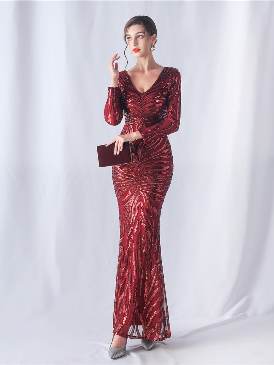Burgundy Sequin V-Neck Long Sleeve Mermaid Evening Gown