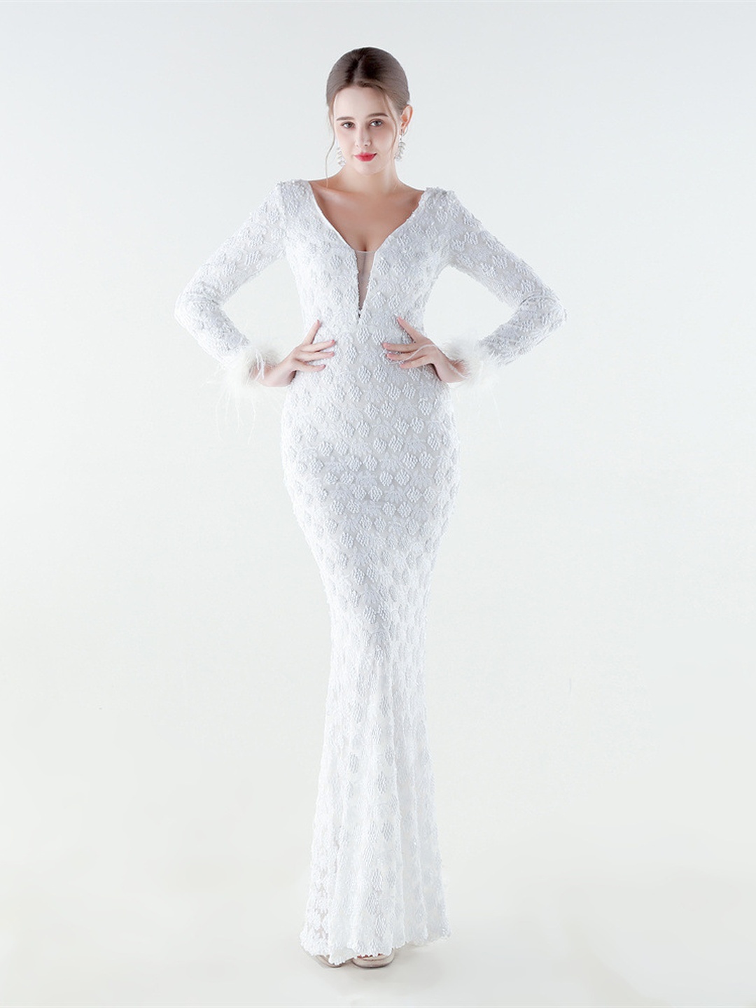White Lace V-Neck Long Sleeve Feather Cuff Mermaid Evening Gown