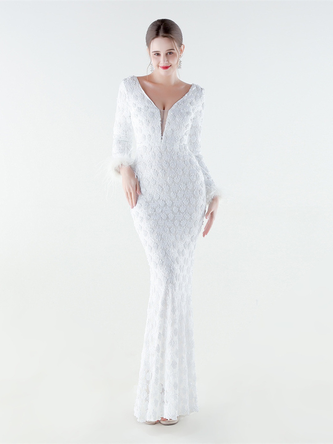 White Lace V-Neck Long Sleeve Feather Cuff Mermaid Evening Gown