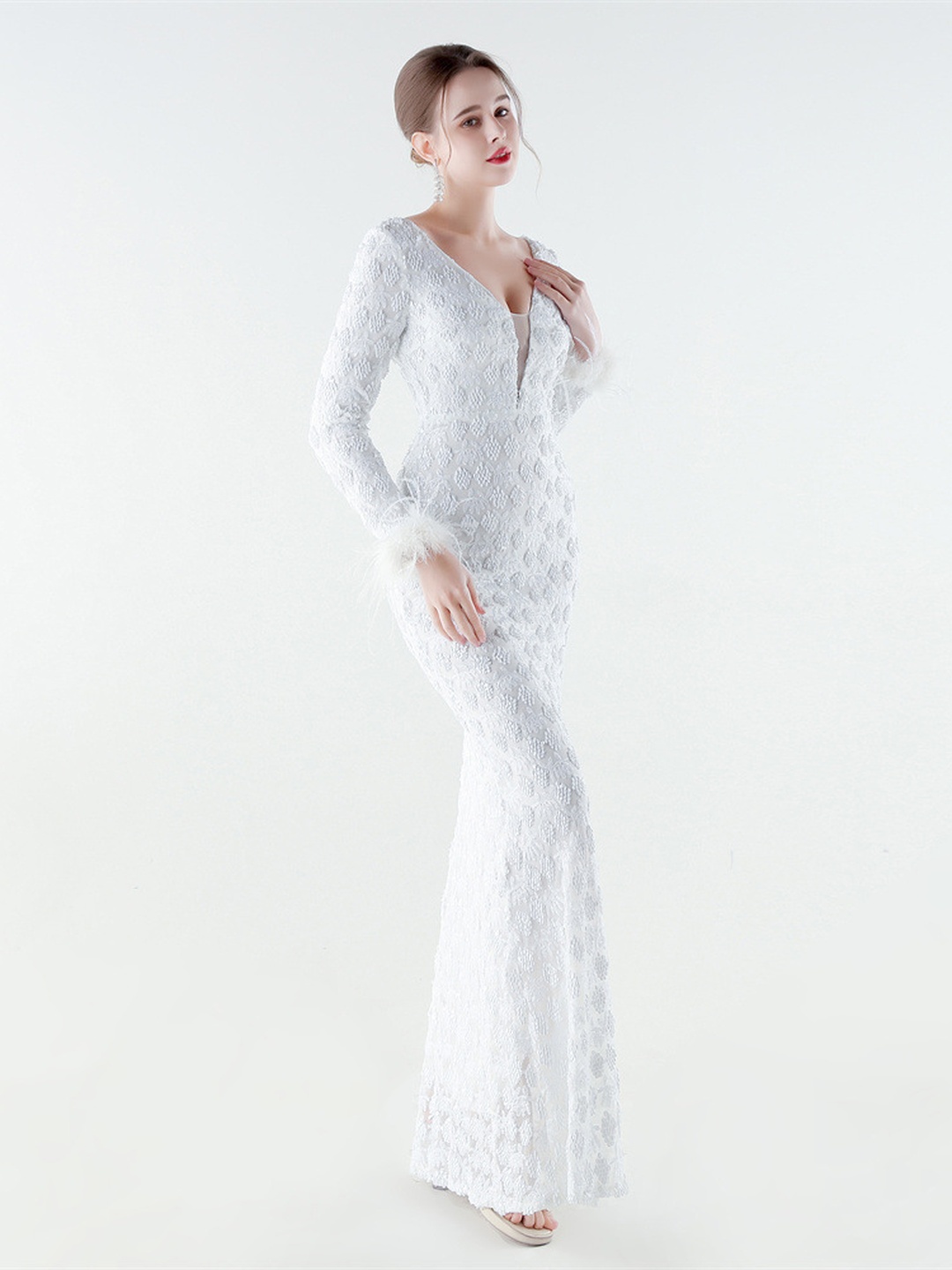 White Lace V-Neck Long Sleeve Feather Cuff Mermaid Evening Gown