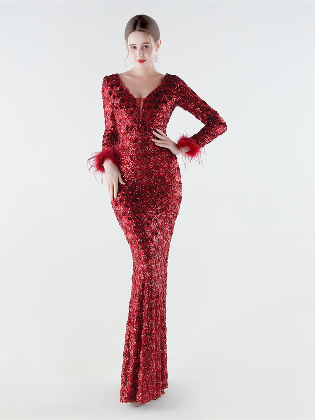 Red Sequin V-Neck Long Sleeve Feather Cuff Evening Gown