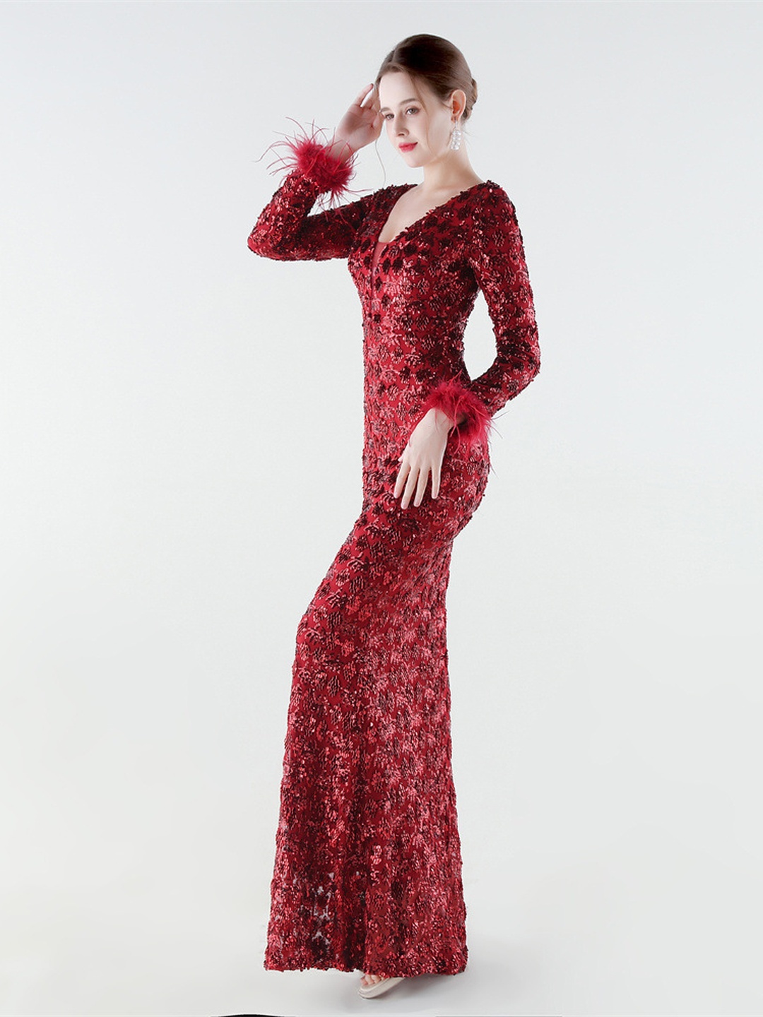 Red Sequin V-Neck Long Sleeve Feather Cuff Evening Gown